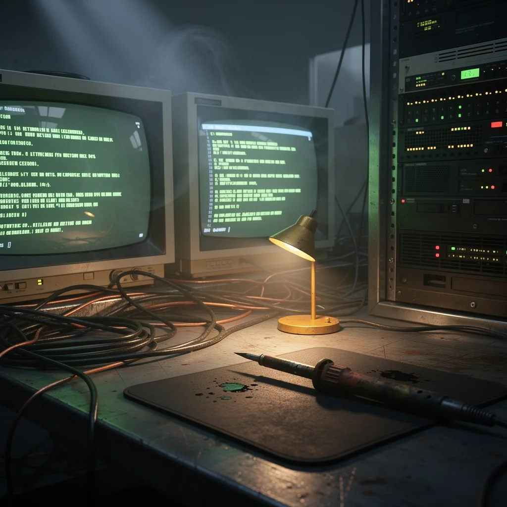 A high-tech coding environment with terminal screens and hardware components at Code Hub