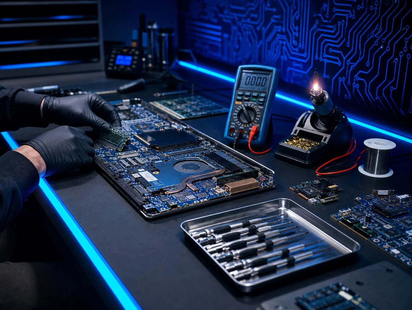 Sleek hardware setup with glowing LED components